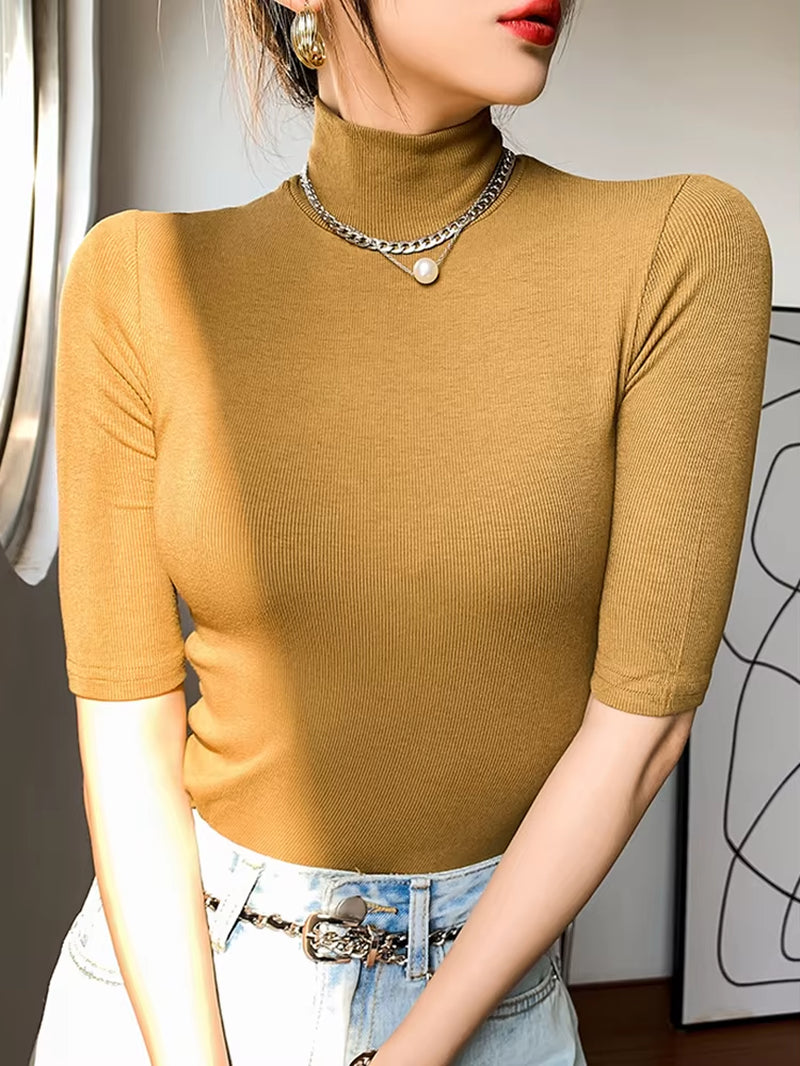Basic T Shirt Women Turtleneck Slim Tshirt Short Sleeve T-Shirts Female Casual Elasticity White Tee Shirt Femme Woman Top