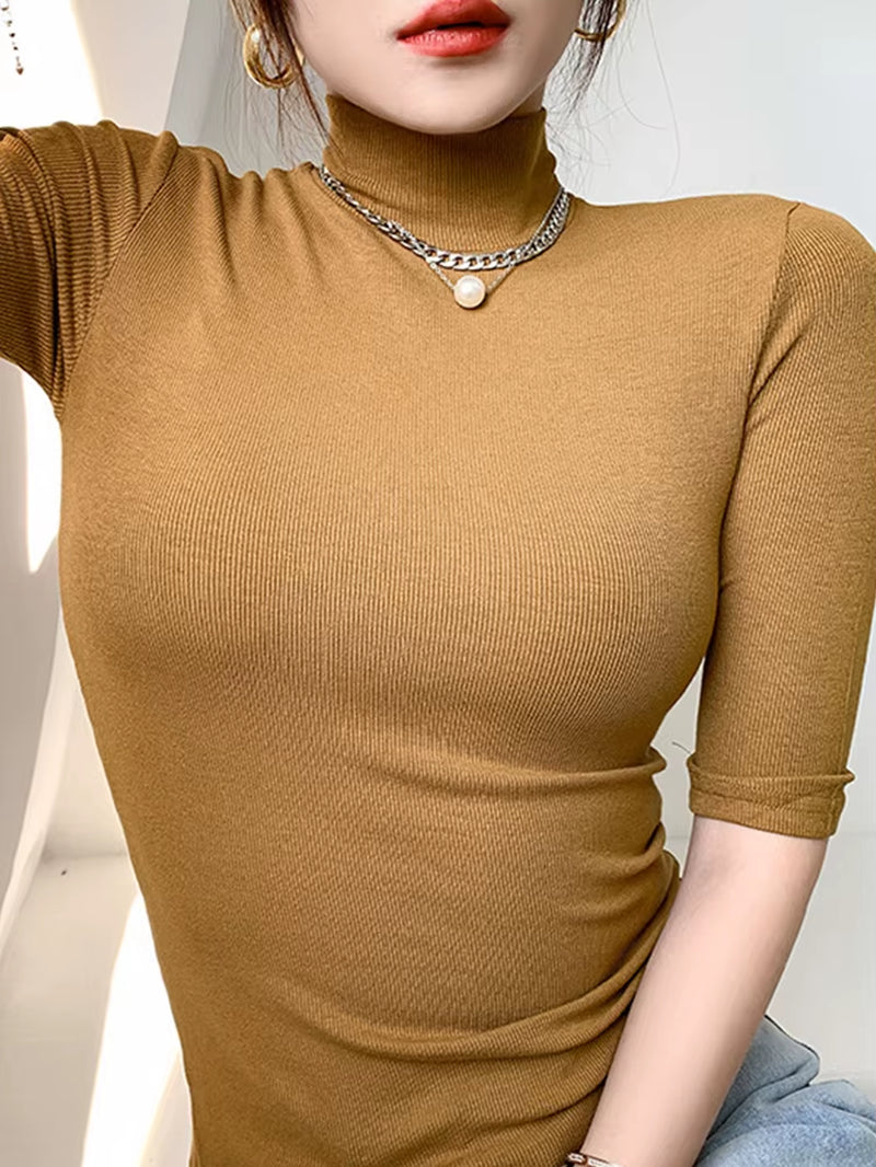 Basic T Shirt Women Turtleneck Slim Tshirt Short Sleeve T-Shirts Female Casual Elasticity White Tee Shirt Femme Woman Top