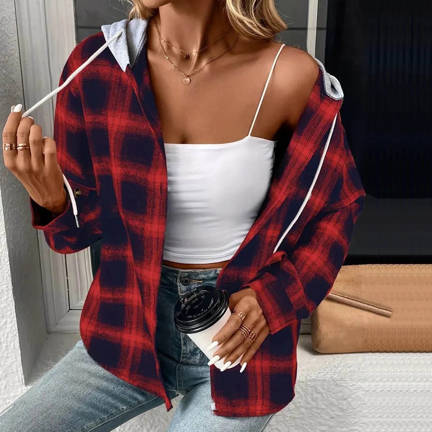 Flannel Plaid Jackets for Women Hoodie Button up Shirt Shackets Long Sleeve Fashion Hooded Autumn Outerwear