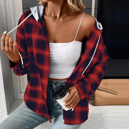 Flannel Plaid Jackets for Women Hoodie Button up Shirt Shackets Long Sleeve Fashion Hooded Autumn Outerwear