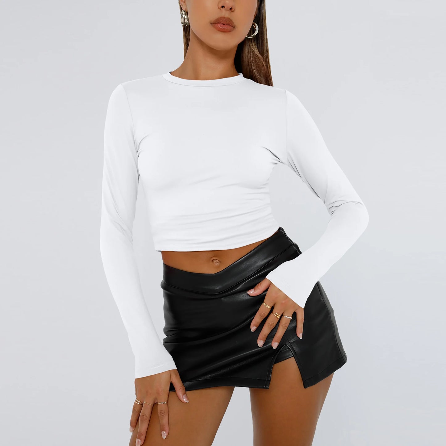 White Long Sleeve Shirts for Women Basic Crop Tops Fall Fashion Dressy Casual Slim Y2K Trendy Blouses