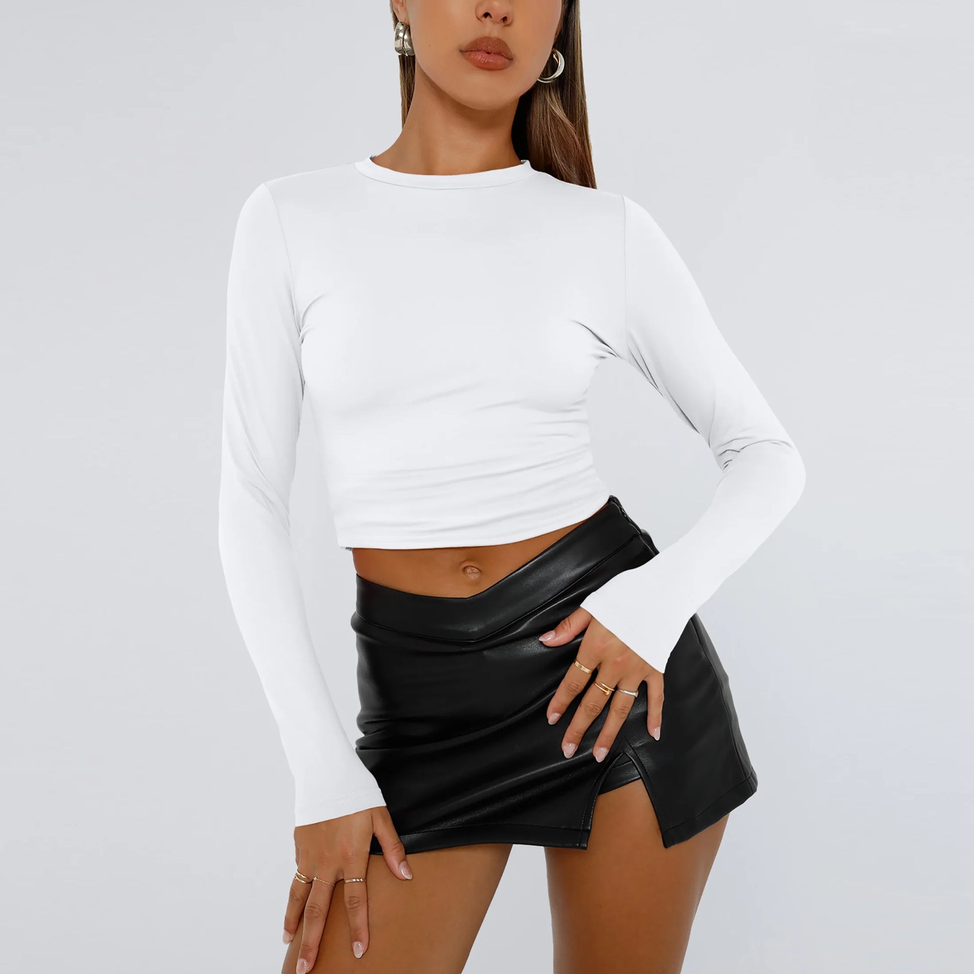 White Long Sleeve Shirts for Women Basic Crop Tops Fall Fashion Dressy Casual Slim Y2K Trendy Blouses