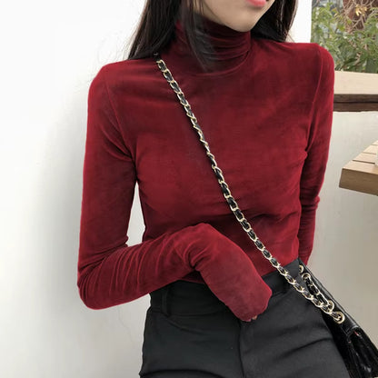 Turtleneck Velvet Tops Women Long Sleeve T Shirts Solid Color 2020 Spring Autumn Velour T-Shirts Women Basic Shirt