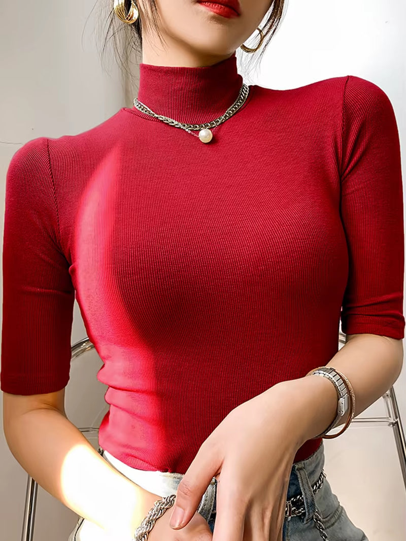 Basic T Shirt Women Turtleneck Slim Tshirt Short Sleeve T-Shirts Female Casual Elasticity White Tee Shirt Femme Woman Top