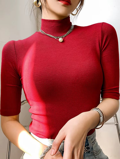 Basic T Shirt Women Turtleneck Slim Tshirt Short Sleeve T-Shirts Female Casual Elasticity White Tee Shirt Femme Woman Top