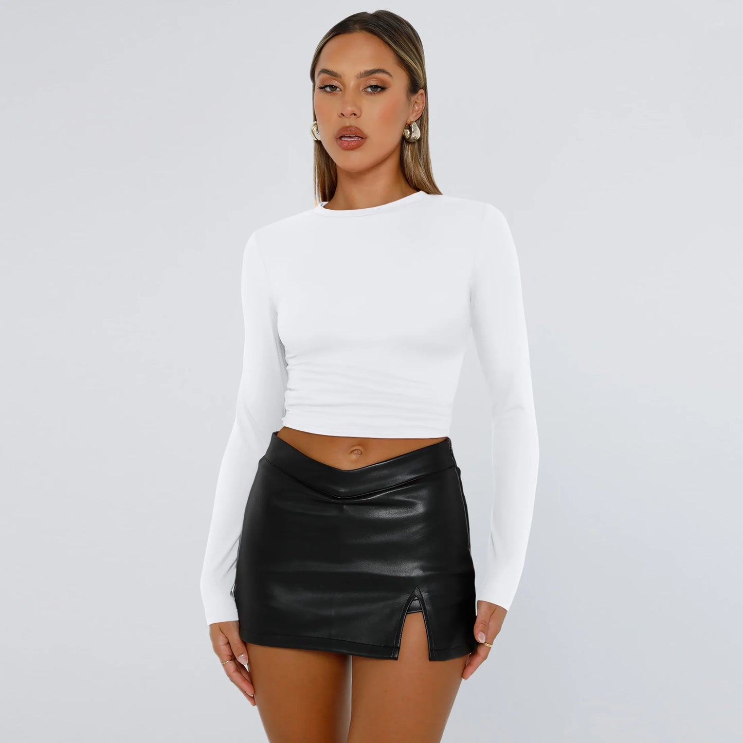White Long Sleeve Shirts for Women Basic Crop Tops Fall Fashion Dressy Casual Slim Y2K Trendy Blouses