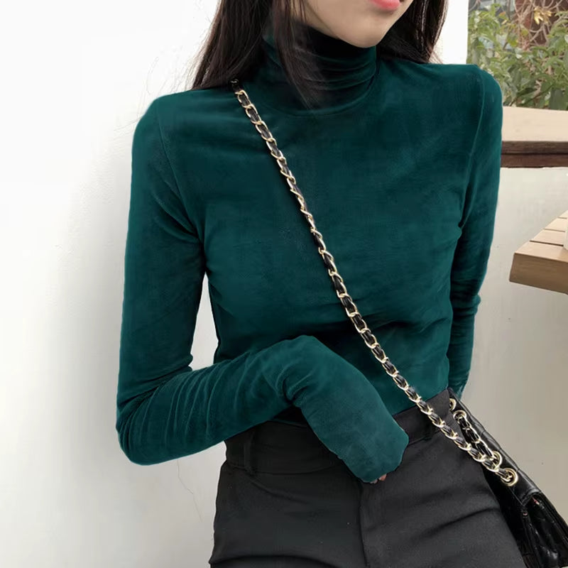 Turtleneck Velvet Tops Women Long Sleeve T Shirts Solid Color 2020 Spring Autumn Velour T-Shirts Women Basic Shirt