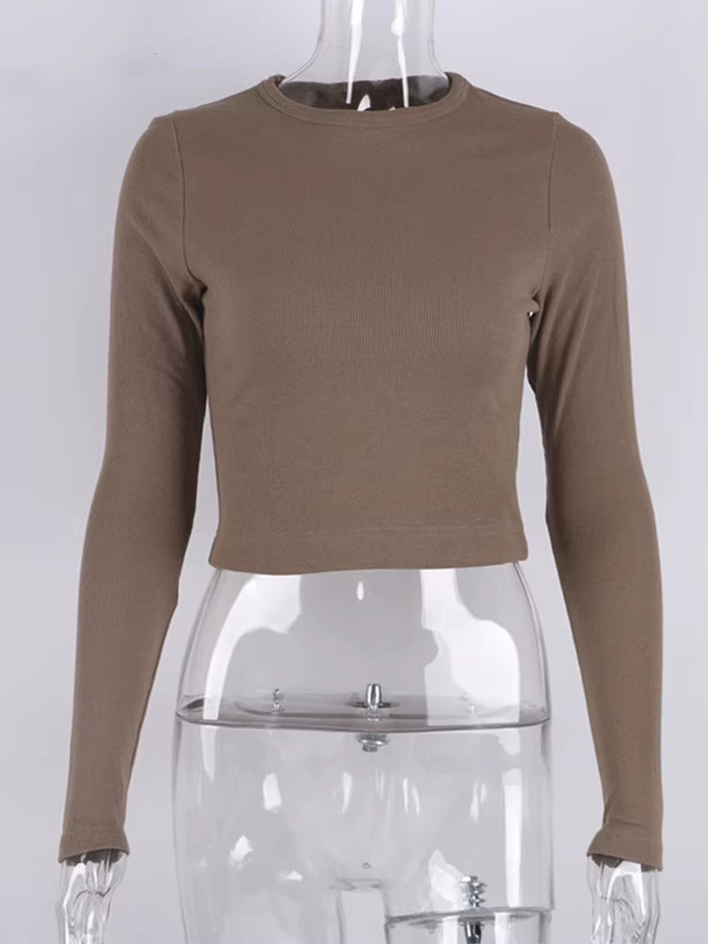O Neck Long Sleeve Shirt Women Ribbed Sexy Cropped Tops 2024 Spring Black Casual Skinny Slim Basic Woman T Shirts White