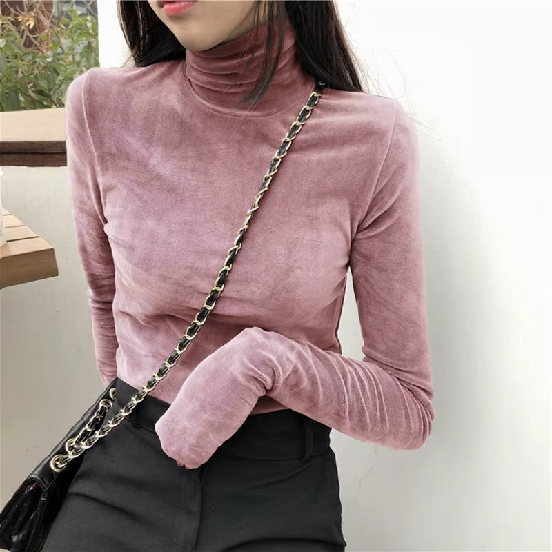 Turtleneck Velvet Tops Women Long Sleeve T Shirts Solid Color 2020 Spring Autumn Velour T-Shirts Women Basic Shirt