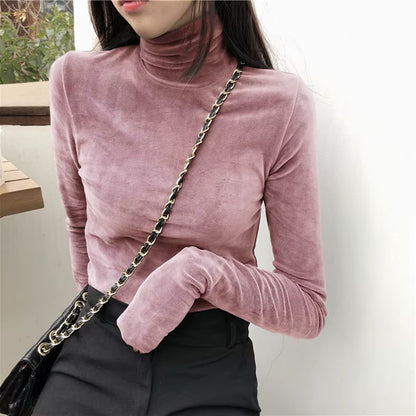 Turtleneck Velvet Tops Women Long Sleeve T Shirts Solid Color 2020 Spring Autumn Velour T-Shirts Women Basic Shirt