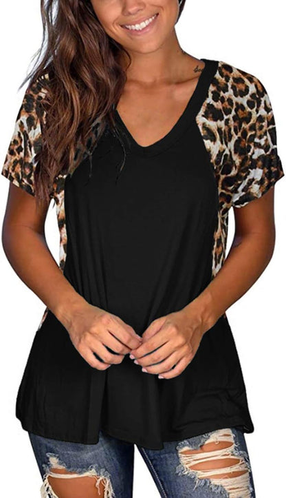 Woman Casual Tops Long Sleeve Leopard Print Patchwork plus Size T-Shirt Blouses