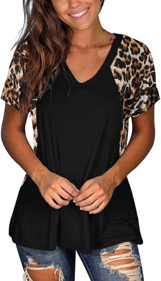 Woman Casual Tops Long Sleeve Leopard Print Patchwork plus Size T-Shirt Blouses