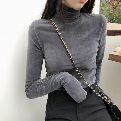 Turtleneck Velvet Tops Women Long Sleeve T Shirts Solid Color 2020 Spring Autumn Velour T-Shirts Women Basic Shirt