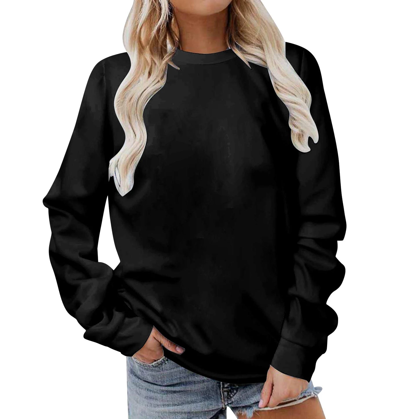 Women'S T-Shirts Lady Blouses Loose Solid Long Sleeves Crew Neck Woman plus Size Tank Top Black 8