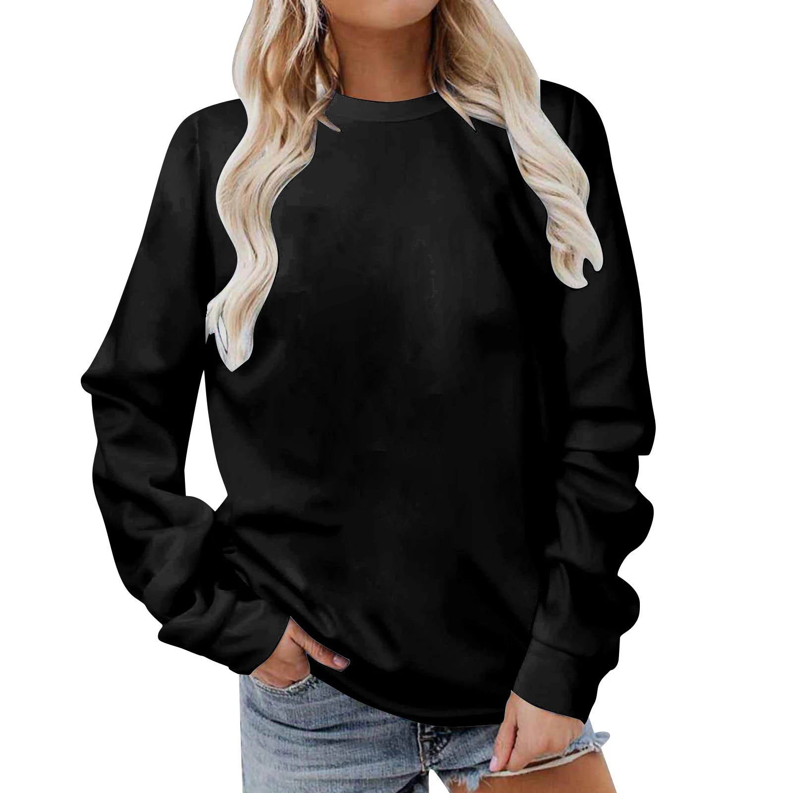 Women'S T-Shirts Lady Blouses Loose Solid Long Sleeves Crew Neck Woman plus Size Tank Top Black 8