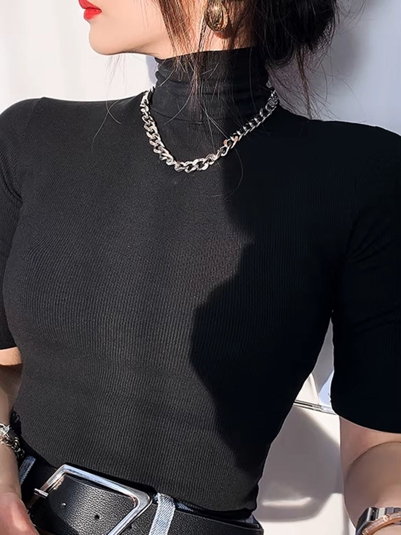Basic T Shirt Women Turtleneck Slim Tshirt Short Sleeve T-Shirts Female Casual Elasticity White Tee Shirt Femme Woman Top