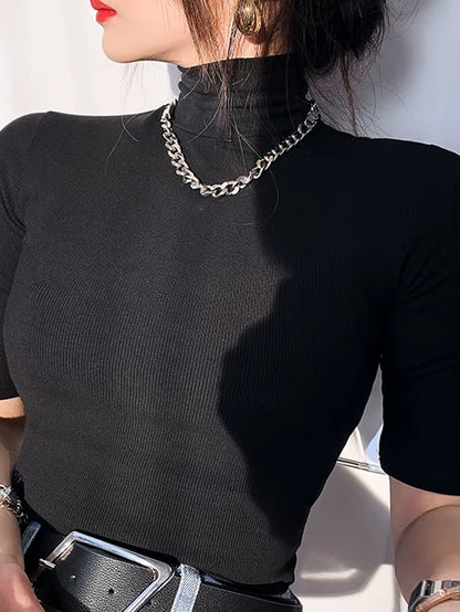 Basic T Shirt Women Turtleneck Slim Tshirt Short Sleeve T-Shirts Female Casual Elasticity White Tee Shirt Femme Woman Top