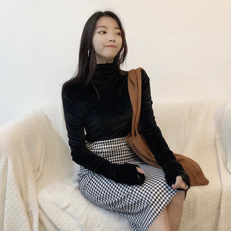 Turtleneck Velvet Tops Women Long Sleeve T Shirts Solid Color 2020 Spring Autumn Velour T-Shirts Women Basic Shirt