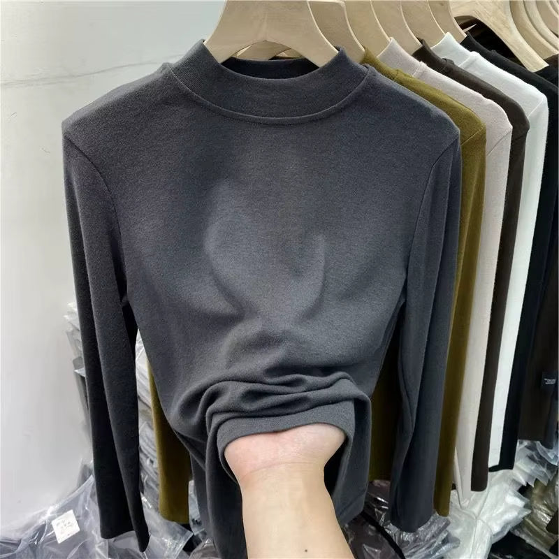 Turtleneck Velvet Tops Women Long Sleeve T Shirts Solid Color 2020 Spring Autumn Velour T-Shirts Women Basic Shirt