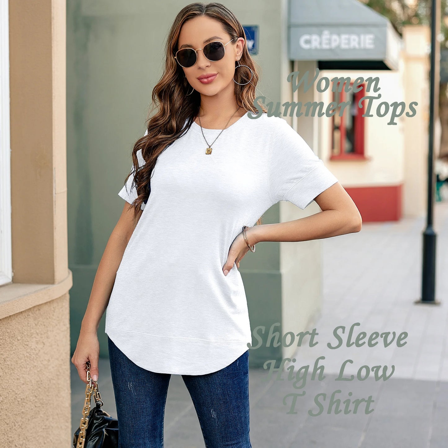 Summer Short Sleeve T-Shirts for Women Fashion Trendy Loose Cute Tunic Casual Crew Neck Tops White Blouse Size XL