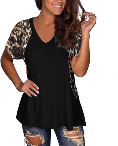 Woman Casual Tops Long Sleeve Leopard Print Patchwork plus Size T-Shirt Blouses