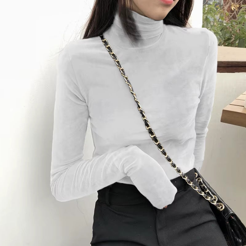 Turtleneck Velvet Tops Women Long Sleeve T Shirts Solid Color 2020 Spring Autumn Velour T-Shirts Women Basic Shirt