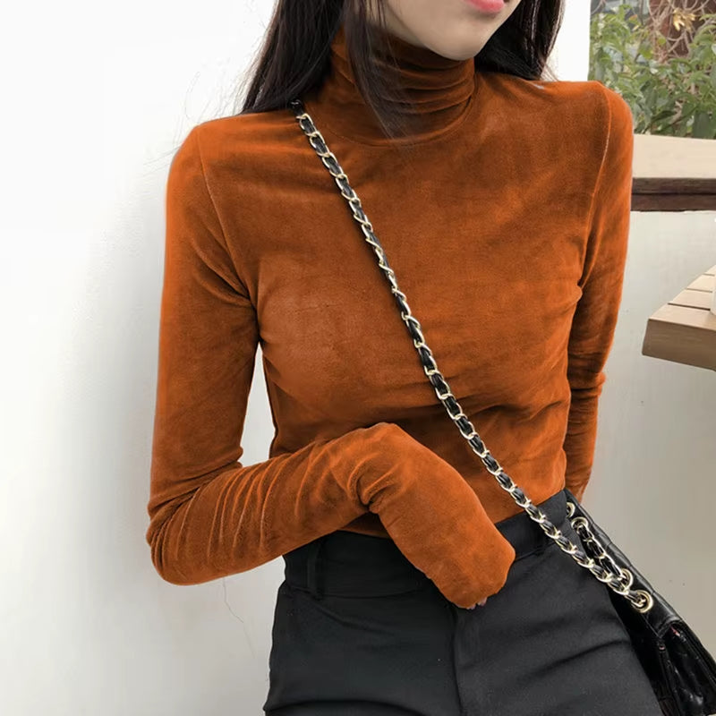 Turtleneck Velvet Tops Women Long Sleeve T Shirts Solid Color 2020 Spring Autumn Velour T-Shirts Women Basic Shirt
