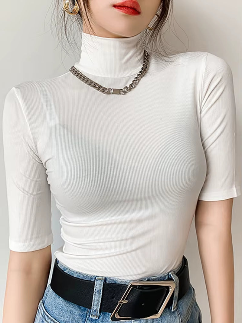 Basic T Shirt Women Turtleneck Slim Tshirt Short Sleeve T-Shirts Female Casual Elasticity White Tee Shirt Femme Woman Top