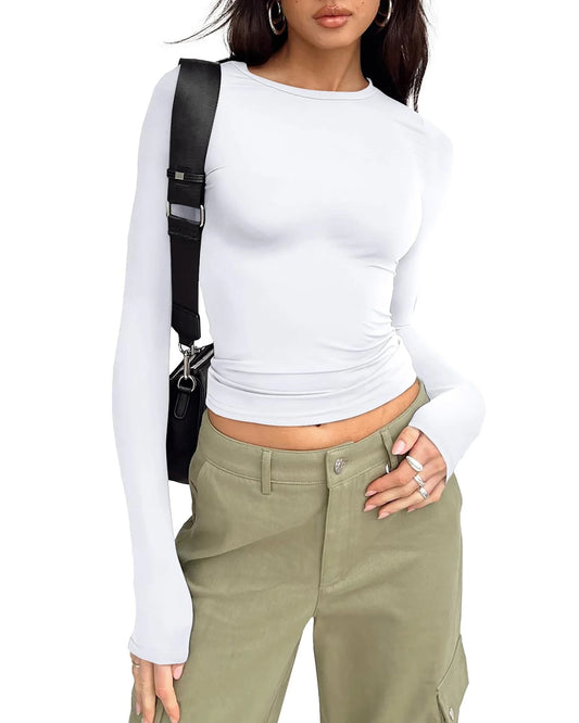 White Long Sleeve Shirts for Women Basic Crop Tops Fall Fashion Dressy Casual Slim Y2K Trendy Blouses