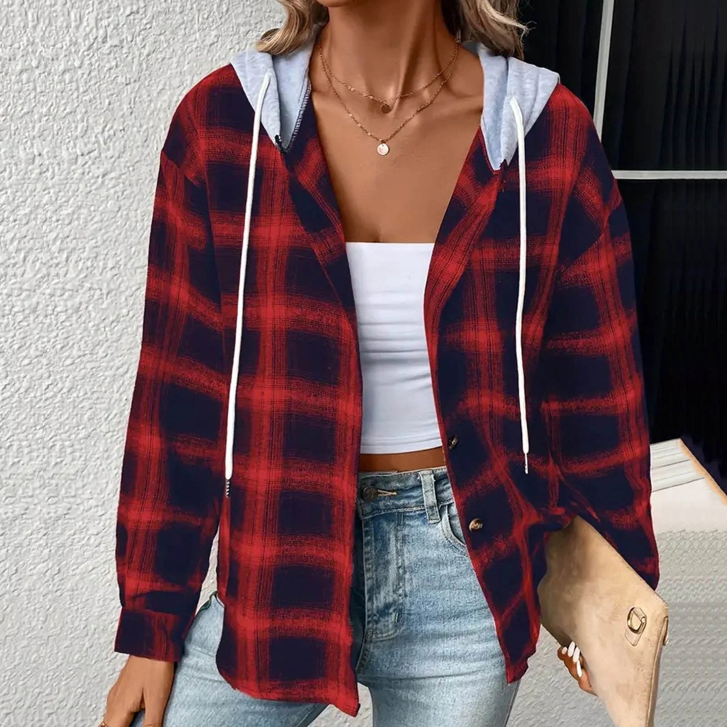 Flannel Plaid Jackets for Women Hoodie Button up Shirt Shackets Long Sleeve Fashion Hooded Autumn Outerwear