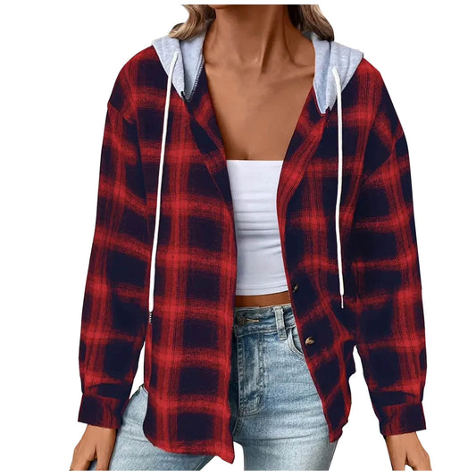 Flannel Plaid Jackets for Women Hoodie Button up Shirt Shackets Long Sleeve Fashion Hooded Autumn Outerwear