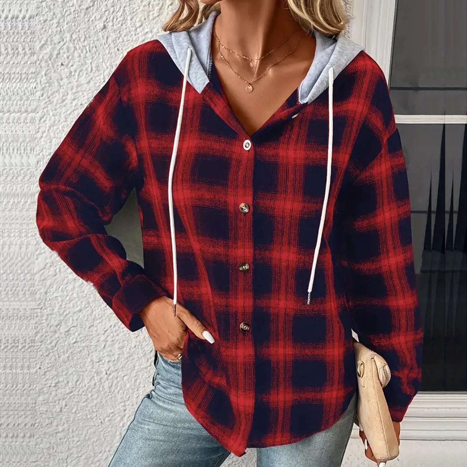 Flannel Plaid Jackets for Women Hoodie Button up Shirt Shackets Long Sleeve Fashion Hooded Autumn Outerwear