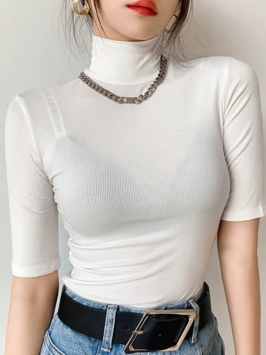 Basic T Shirt Women Turtleneck Slim Tshirt Short Sleeve T-Shirts Female Casual Elasticity White Tee Shirt Femme Woman Top