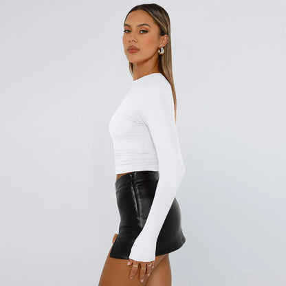 White Long Sleeve Shirts for Women Basic Crop Tops Fall Fashion Dressy Casual Slim Y2K Trendy Blouses